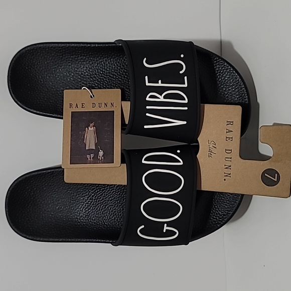 Rae Dunn Shoes - Rae Dunn GOOD VIBES Black Slides Size 7